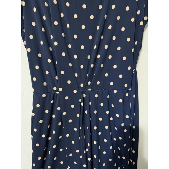 Women’s Capri Jumpsuit Sz XL Navy Blue Tan Polka Dots Faux Wrap Wide Legs - Picture 4 of 16